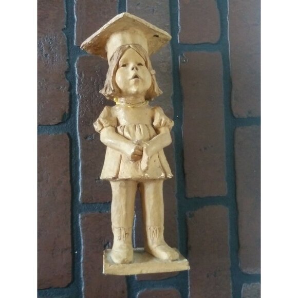 Antique/vintage Hand Carved Wood Figurine Girl w/Graduation cap flawed beige 11" - Picture 1 of 12